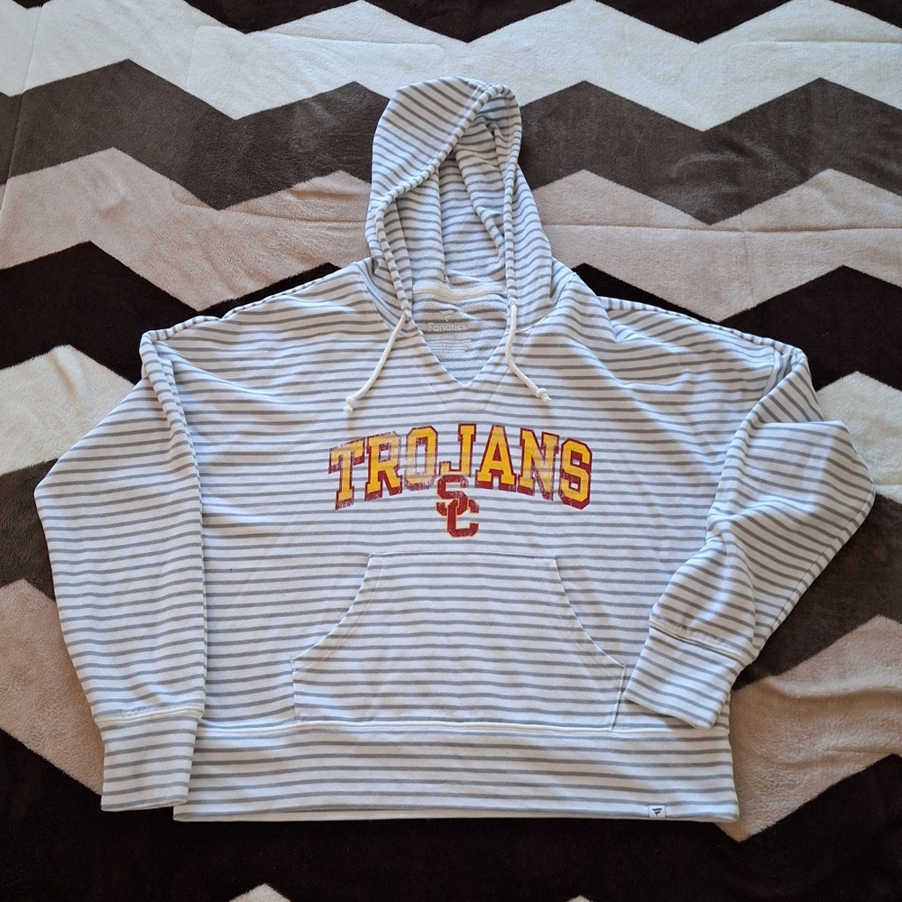 Women's Fanatics White USC Trojans Arch Logo Striped Notch Neck Pullover Hoodie